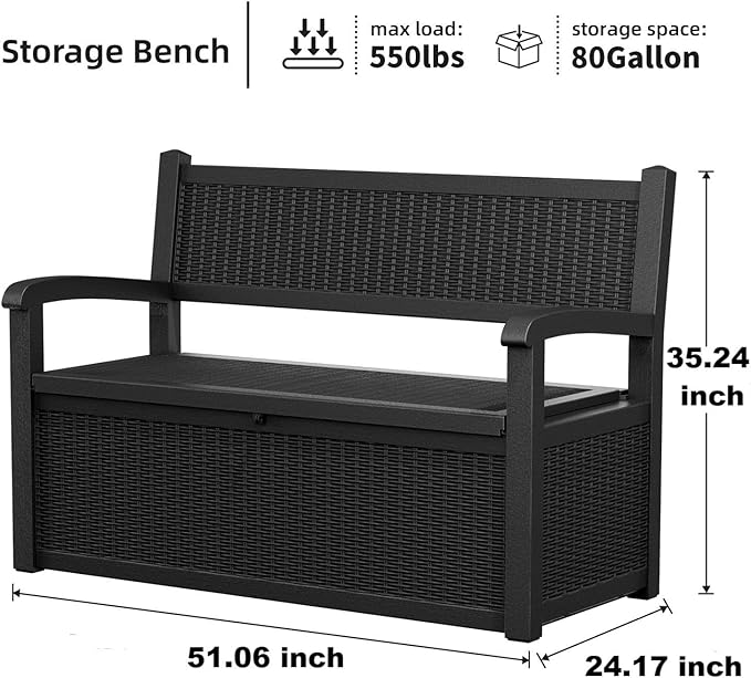 DRATO 75 Gallon Storage Bench Deck Box Outdoor Indoor,Lockable Durable All-Weather Seating with Hidden Storage,Deck Storage for Garden, Pool, Patio,Black
