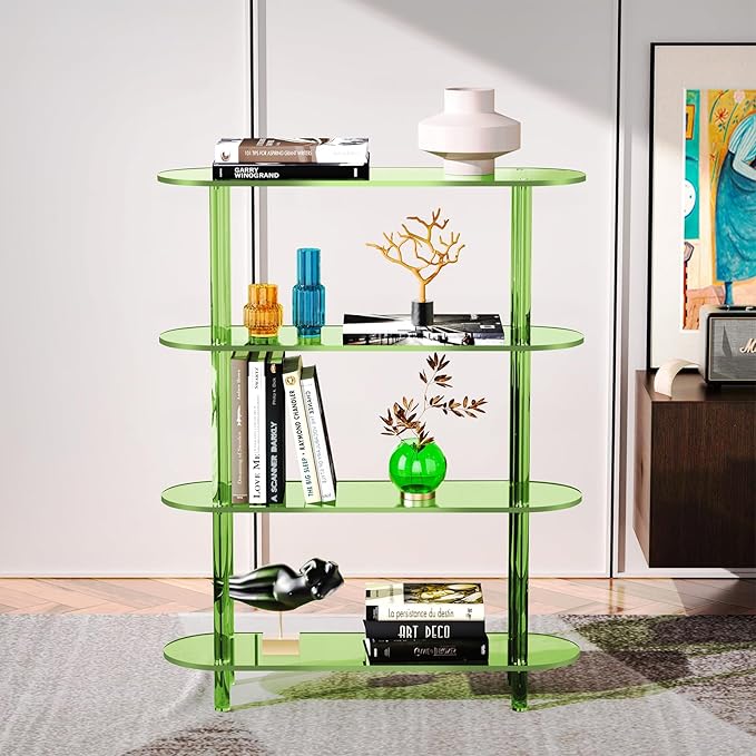 Clear Bookshelf, Acrylic Bookcase with Open Book Shelf Console Table for Entryway Office (4 Tier Green)