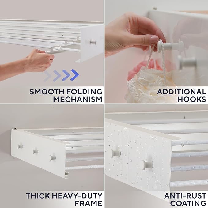 Foldable Wall Mounted Drying Rack 40 inch - Easy to Install Hanging Rack for Laundry Room - Space Saving Design with 66-lb Capacity - Perfect Drying Racks for Clothes Towels & More