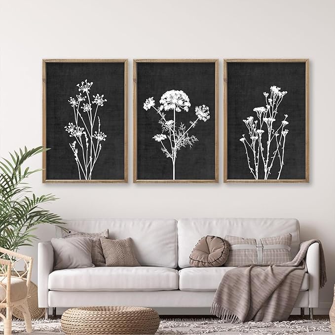 Flower Plant Wall Art Decor 24"x16" Set of 3 Black And White Botanical Painting Wood Framed For Minimalist Bedroom Office Rustic Living Room Abstract Wildflower Sign Hanging (Wood Black)