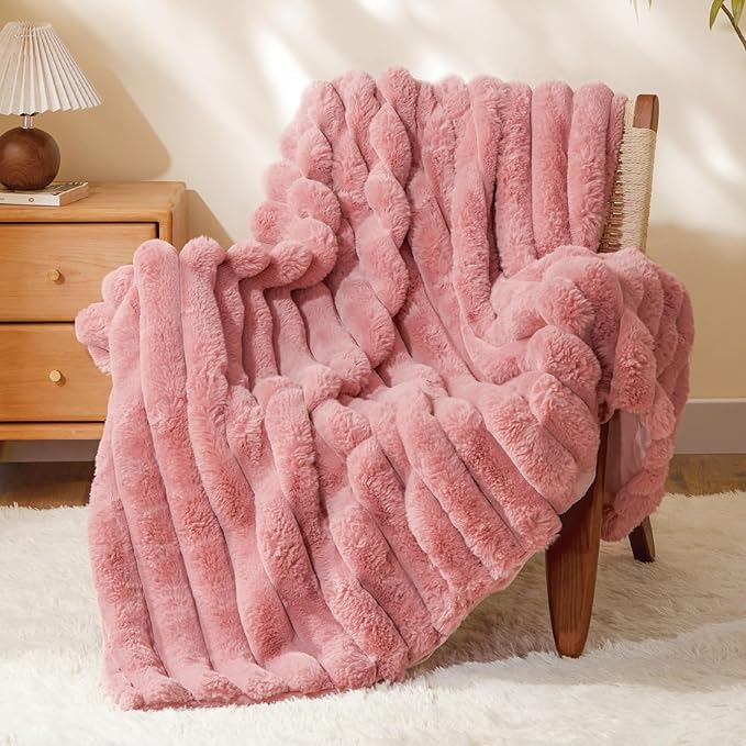 BEDELITE Faux Fur Throw Blanket for Couch, Soft and Cozy Luxurious 3D Striped Pink Fluffy Blanket, 770GSM Thick Warm Plush Fuzzy Faux Rabbit Fur Blanket for Women Gift, 50"x 60"