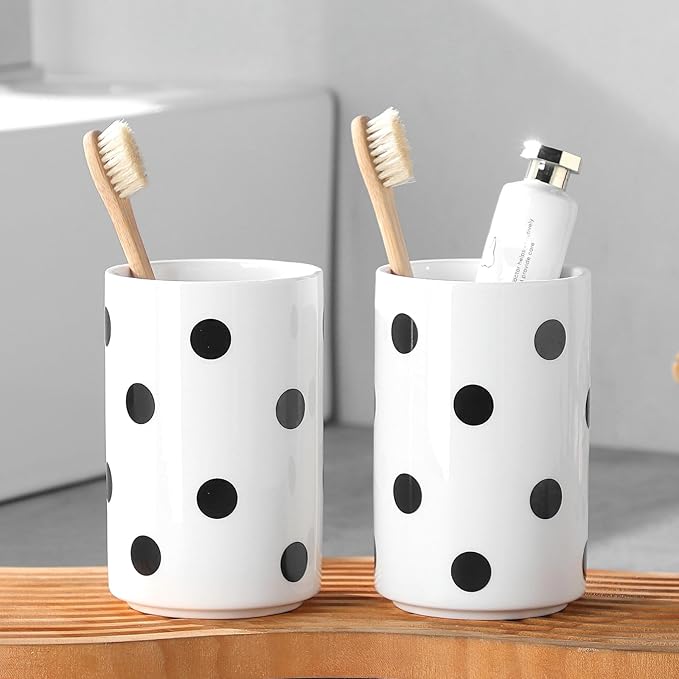 Black Polka Dot Ceramic Toothbrush Holders White - 2 Cups Toothbrush Holders for Bathrooms Toothbrush Toothpaste Holders, White Bathroom Tumbler Cups, Reusable Toothbrush Cups