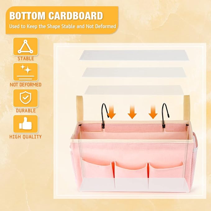 Bedside Organizer with Fixed Straps and Water Bottle Holder for Home, College, Dorm, Bunk, Hospital, Crib, Bed Rails - Pink