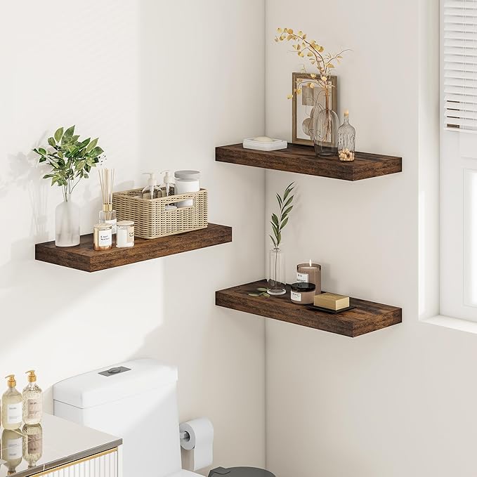 12" Deep Floating Shelves for Wall 24 Inches Long, Heavy Duty Wall Shelves for Bedroom Bathroom Kitchen Laundry Room, Farmhouse Rustic Shelves for Home Decor, 24" X 12" X 2" Set Of 2, Rustic Brown