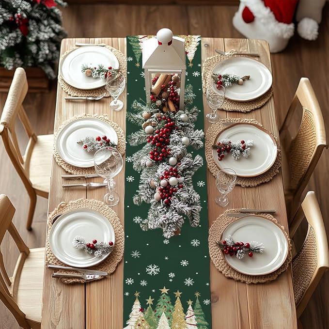 GEEORY Christmas Table Runner 13x60 Inch, Xmas Trees Snowflakes Holiday Decorative Farmhouse Table Decoration for Kitchen Dinning, Indoor Outdoor Dinner Party Decor (Green) GT152-60