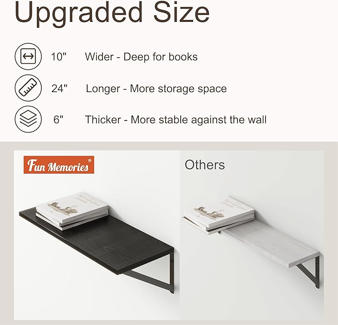 Deep Black Floating Shelves for Wall, 24"W x 10"D Wall Shelves Set of 2, 10 Inch Deep Floating Shelf with Brackets, Wide Display & Storage Shelves for Books, Living Room, Kitchen, Bathroom