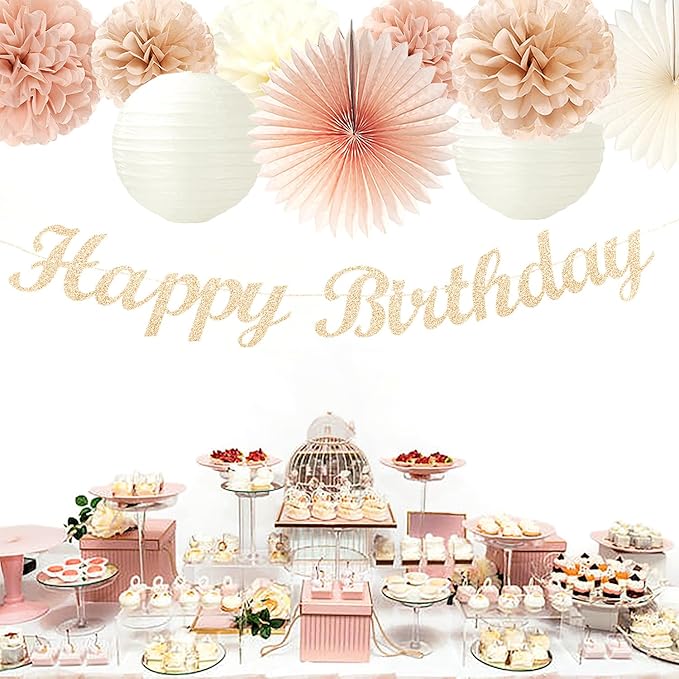 Champagne Rose-Gold Beige Birthday Party-Decorations - 14pcs Happy Banner Boho Lanterns Tissue Pom Poms,Rustic Streamers Garland Fans,Neutral One Sweet Peach Girls Women Hanging Supplies Decor Hugfond