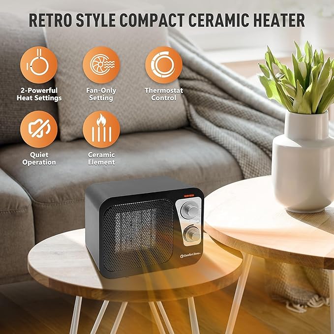 Comfort Zone Space Heaters for Indoor Use, Portable Heater, Fast Heating, Electric Heater, Thermostat, Retro Design, Bedroom Heater with Overheat Protection, Safety Tip-Over Switch 1,500W, Black