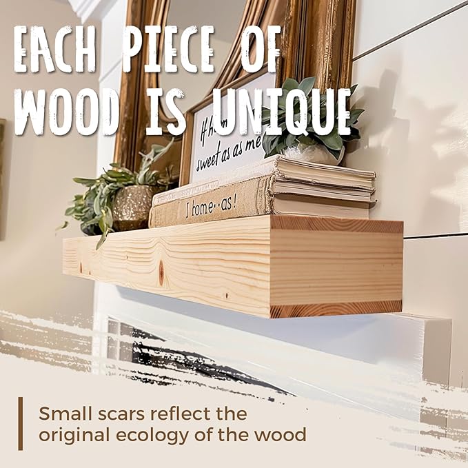 60x8x3 Fireplace Mantel - Handcrafted Hollow Rustic Solid Wood Wall Mounted Floating Shelf - DIY Color - with Invisible Heavy Duty Wood Bracket