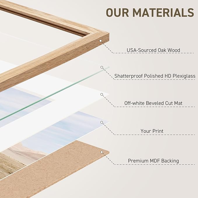 16x16 Picture Frame Natural Solid Oak Photo Frames with 12x12 Removable Mat Wall Hanging Large Handcrafted Frame with HD Plexiglass Wall and Tabletop Display Large Poster Frame