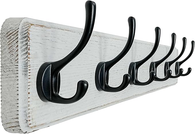 Dseap Coat Rack Wall: 24" Long, Patented, Heavy-Duty, 6-Double-Hooks Wooden Wall Mounted Coat Rack Coat Hanger Hook Rail for Winter Coats Hat Jacket Clothing, White & Black