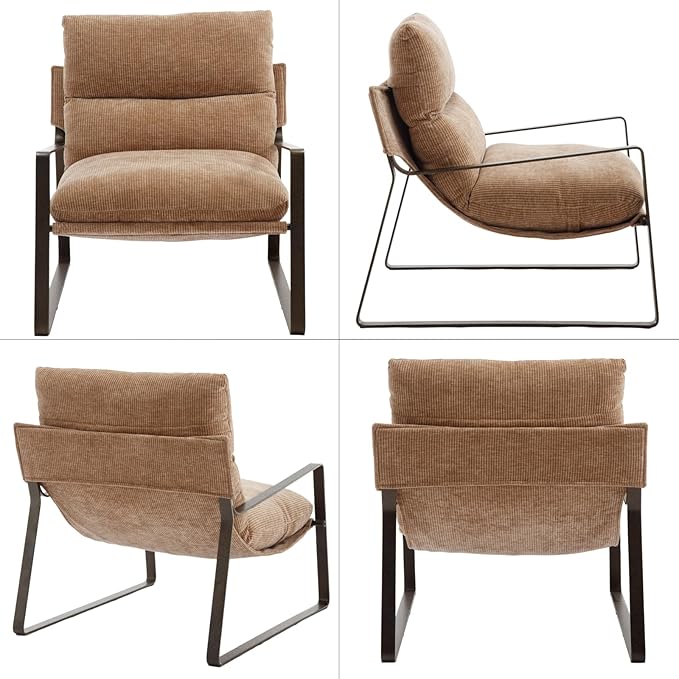 DUOMAY Mid-Century Accent Chair Armchair, Comfy Chenille Leisure Chair Lazy Chair with Brozen Metal Leg for Living Room Bedroom Office Apartment, Khaki