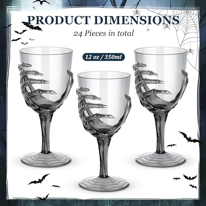 Dandat 24 Pcs Halloween Skeleton Hand Goblets 12oz Clear Plastic Halloween Cups Skull Wine Glass Set for Creepy Spooky Party Decorations (Black)