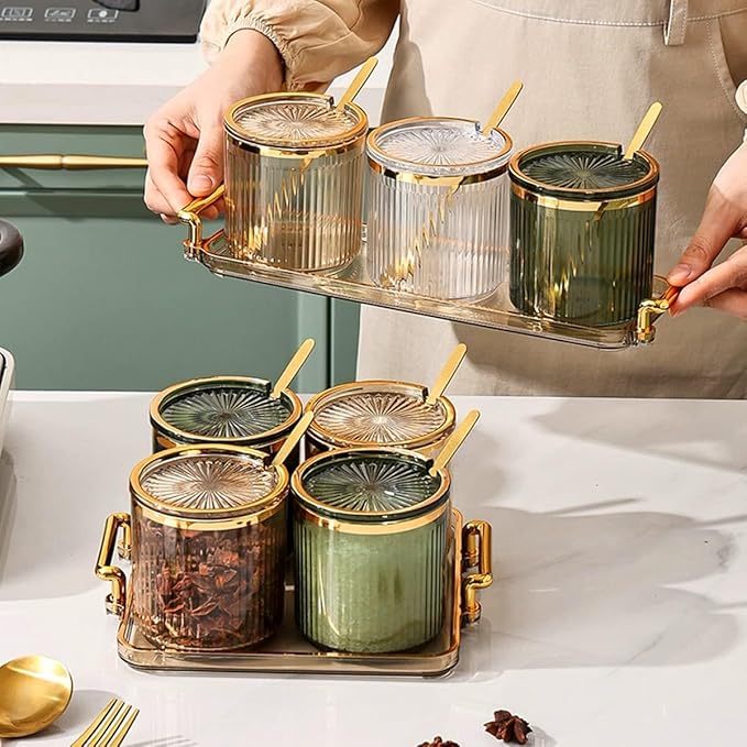 Acrylic Condiment Spice Jars,Condiment Spice Box With Lids and Spoons and Tray,Clear Plastic Sugar Salt Canisters,Seasoning Box 3 Pack,Seasoning Box Set for Kitchen to Storage Salt,Paprika,Sugar
