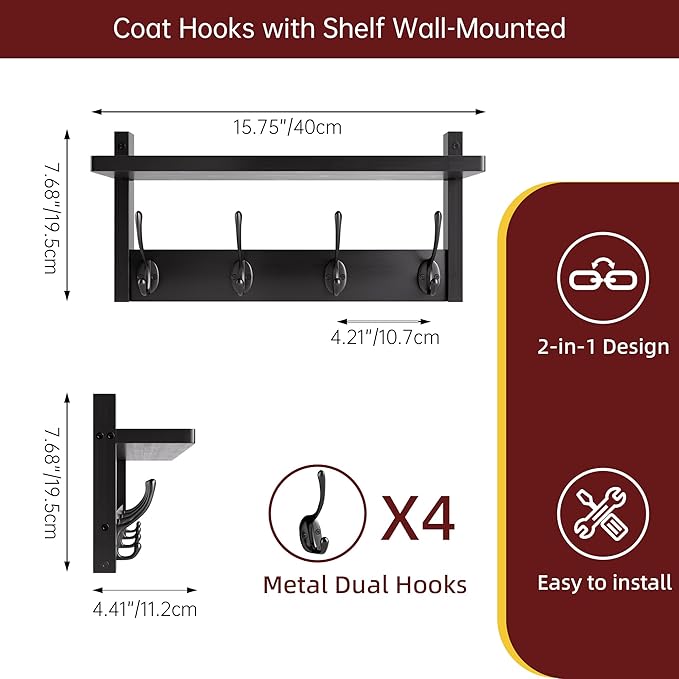 Coat Rack with Shelf, 2 Pack Bamboo Wall-Mounted Coat Hanger with 8 Hooks for Entryway, Hallway, Kitchen, Bathroom, Living Room, Utility Room (Black)