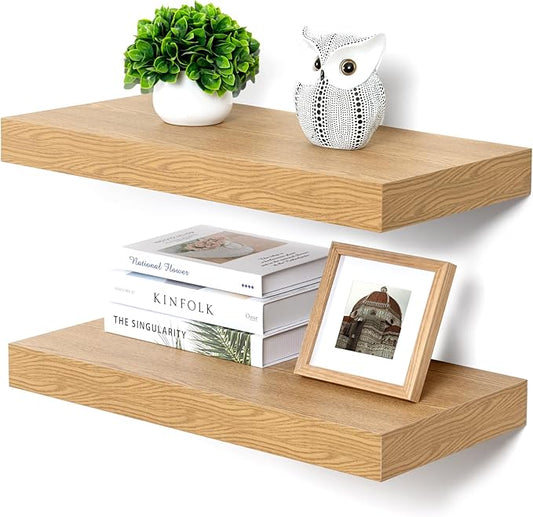 Deep Floating Shelves, 12 Inch Deep Rustic Floating Shelves Set of 2, 24 Inch Large Oak Wood Wall Mounted Shelves for Books Living Room Laundry Room Bedroom Kitchen Home Office - Oak