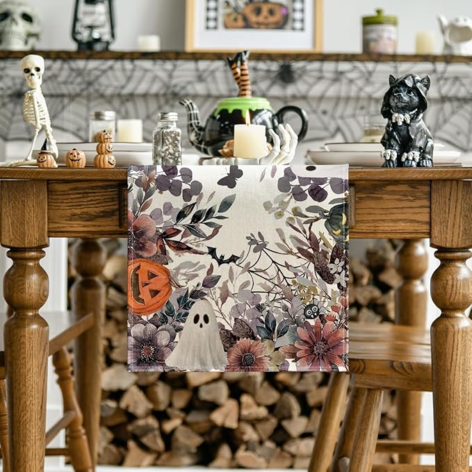 Artoid Mode Jack-O'-Lantern Pumpkin Floral Ghost Halloween Table Runner, Eucalyptus Kitchen Dining Table Decoration for Home Party Decor 13x48 Inch