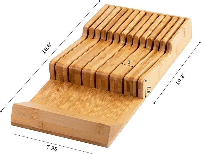 Bamboo Kitchen Drawer Knife Block, In drawer Knife Holder, Knife Drawer Organizer fit for 13 knives