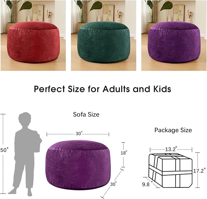 Bean Bag Chairs for Kids - Memory Foam Furniture BeanBag Chair - Kids/Teens Sofa with Soft Micro Fiber Cover - Round Fluffy Couch for Living Room Bedroom College Dorm - 2.5 ft, Purple