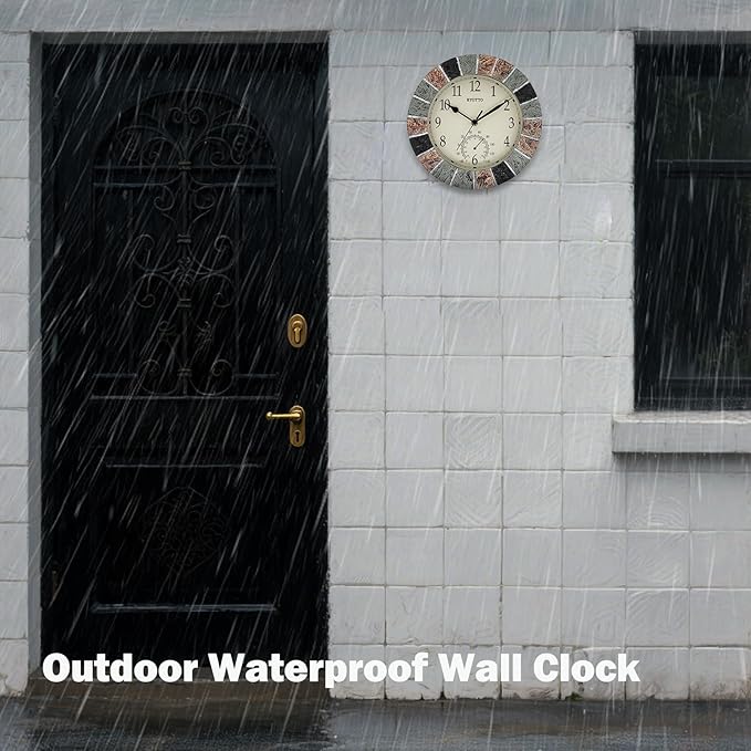 eYotto 10 Inch Small Indoor/Outdoor Waterproof Wall Clock with Thermometer Silent Non-Ticking Battery Operated Wall Clocks Weatherproof for Patio, Pool, Garden, Lanai, Fence, Porch, Deck, Bathroom