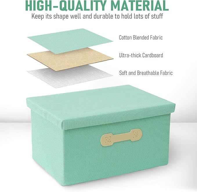 Enzk&Unity Decorative Storage Bins with Lids, Fabric Linen Foldable Storage Box with Handle Home Organizer for Shelf, Closet, Bedroom, Living Room, Office, 3 Packs, Teal