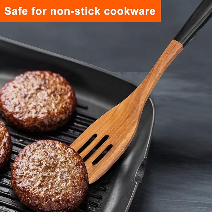 14 Inch Large Wooden Spoons for Cooking Utensils Set Acacia Wood Spatula Slotted Spoon Best Non Toxic Kitchen Utensil Long Mixing Spoon Spatulas Turner Stirring Serving Spoons Kitchen Use Tools