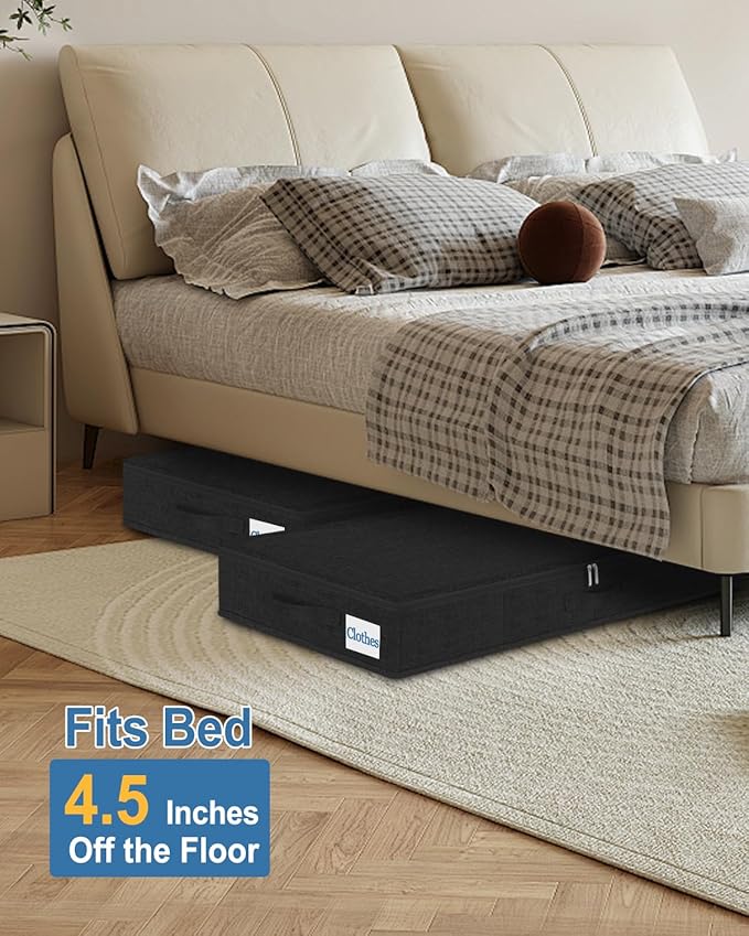 Cirhy Under Bed Storage Containers, 4.5 Inch Tall Low Profile Under Bed Storage with Sturdy Sidewalls & Bottom, UnderBed Storage for Clothes,Shoes, Pillow, Blankets Organizer, 2 Pack Black