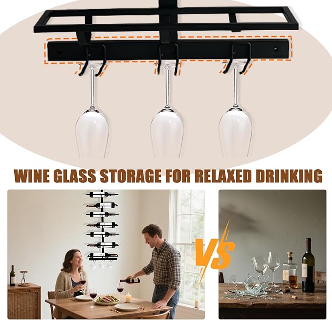 8 Bottle Wall Mount Wine Rack with Wine Glass Holder, Metal Wine Wall Rack, Wall Racks for Wine Bottles Display and Storage, Hanging Bottle Organizer for Living Dining Room Wine Cellar Bar (Black）