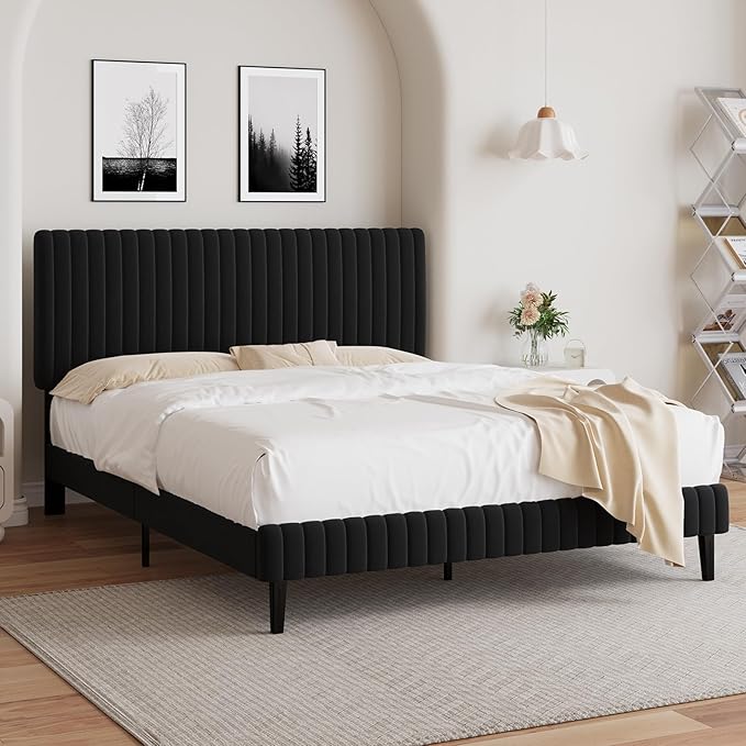 Full Size Bed Frame, Velvet Upholstered Platform Bed with Vertical Channel Tufted Headboard and Footboard, No Box Spring Required, Easy Assembly, Black