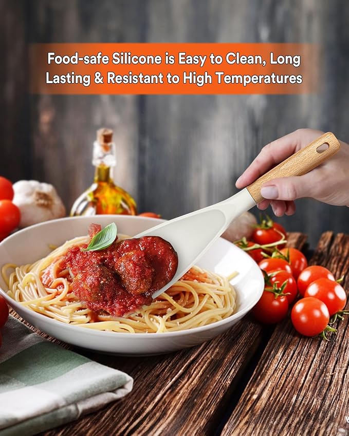 Cooking Spoon for Nonstick Cookwares, Great for Cooking and Serving Sturdy BPA-Free Matte Silicone, Wood Handle Spoon for Mixing, Scoop, and Scrape (Black & White, 11.4 inch)