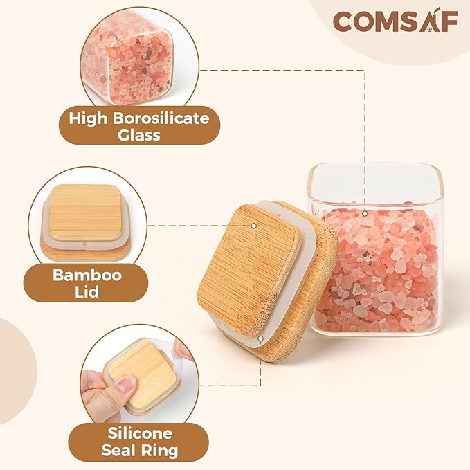 ComSaf 16Pcs Glass Spice Jars with Bamboo Lid, 4oz Airtight Square Spice Containers with 275 Black Lables, Empty Seasoning Jars for Spice Salt Sugar