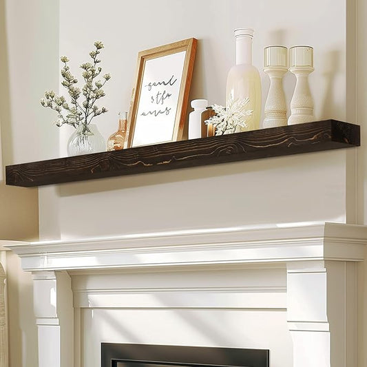 60x8x3 Fireplace Mantel - Solid Rustic Wood - Wall Mounted Floating Shelf with Invisible Heavy Duty Steel Bracket (Weathered Black)