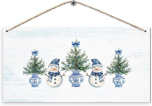 DUXMNAMG Chinoiserie Snowman Winter Hanging Wooden Signs 12x6, Blue and White Porcelain Snowman Sign, Winter ChristmasTree Blue Bow Snowman Chinoiserie Signs for Home Room Office Hanging Wall Decor