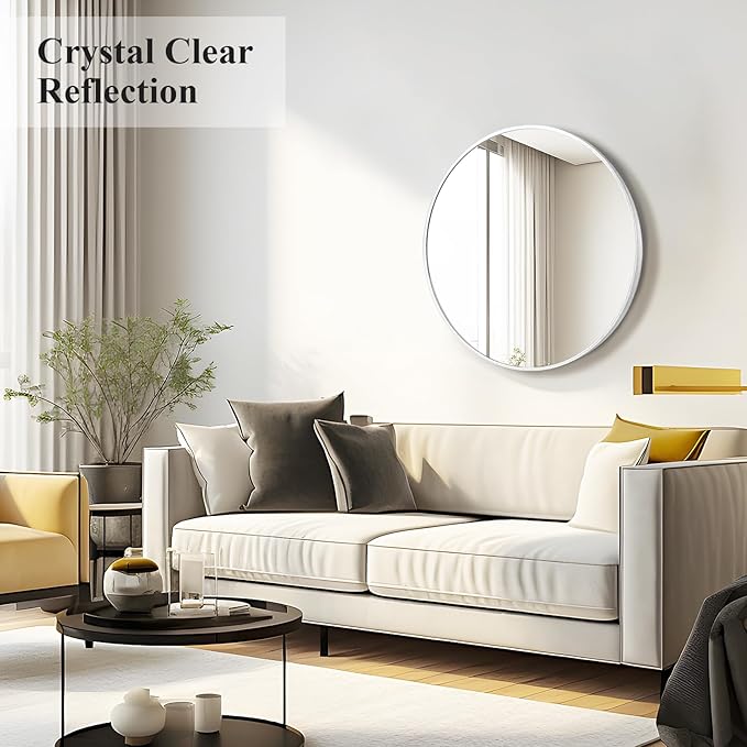 Fabuday Silver Round Mirror for Wall 24 inch - Circle Mirror for Bathroom, Entryway, Living Room, Hallway, Vanity Decor, Small Matte Metal Frame Mirrors