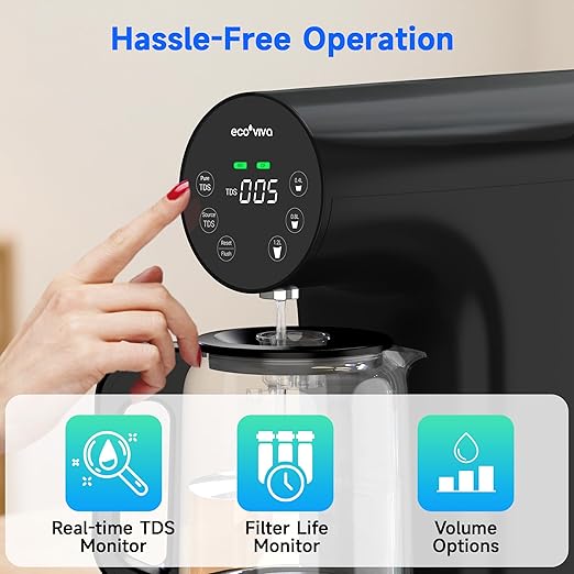 Ecoviva Countertop Reverse Osmosis Water Filter, 6 Stage RO Water Filtration System with Glass Carafe, TDS Displayr, 3:1 Pure to Drain, Portable No Installation Water Purifier Black