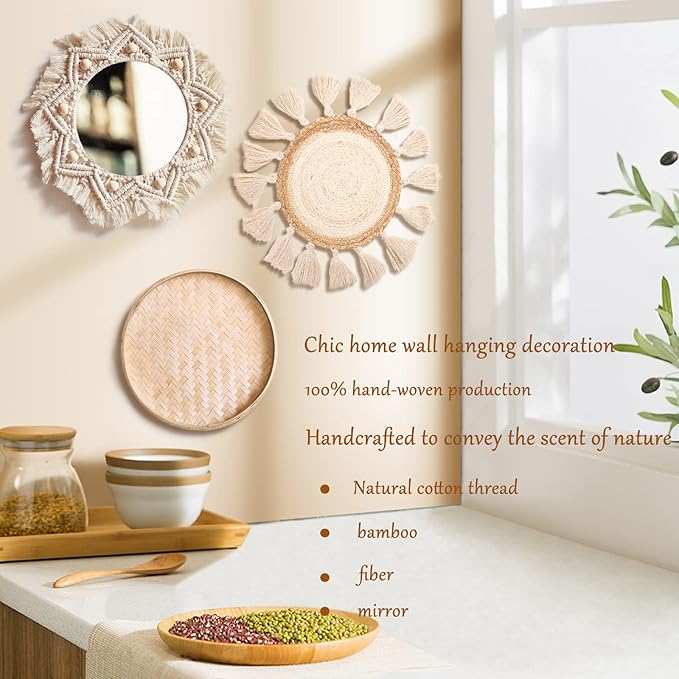 Boho Wall Basket Decor Set - Flat Woven Macrame Tapestry, Mirror White Round Tassels, Handmade Rattan Wicker Seagrass Wall Basket