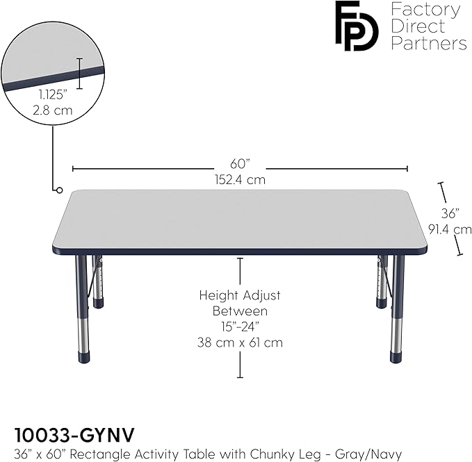 FDP Rectangle Activity School and Classroom Kids Table (36 x 60 inch), Toddler Leg, Adjustable Height 15-24 inches - Gray Top and Navy Edge