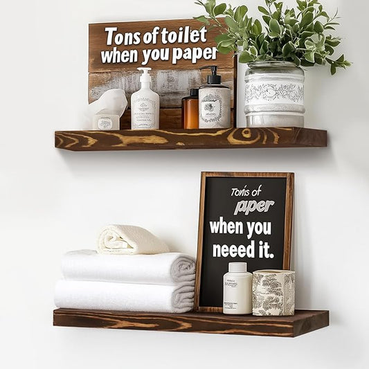 Floating Wall Shelves - 16"x6.8"x1.2" Sturdy Rustic Brown Solid Wood Shelves for Storage and Décor, Easy Installation for Living Room, Bedroom, and Kitchen - 2 Pack