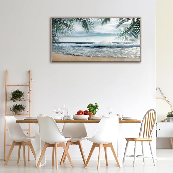 Framed Tropical Beach Wall Art - Ocean Waves Canvas Pictures Coastal Blue Sky and Sea Print Seaside Palm Tree Leaves Scene Painting Artwork Living Room Bedroom Office Home Decor 20" x 40"
