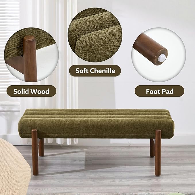 Green Upholstered Bench Modern End of Bed Bench Chenille Fabric Bedroom Bench for Entryway Living Room Vanity Makeup Room, 47" Long, Wooden Legs