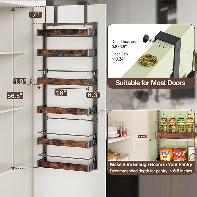 6 Tier Over The Door Pantry Organizer, 2 IN 1 Wall Mount or Metal Hanging Spice Rack for Pantry Organizers and Storage, Seasoning Shelves，Adjustable Basket with Hooks for Kitchen, Bathroom,Laundry