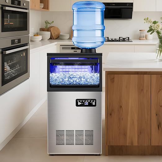 Commercial Ice Maker Machine 130Lbs/24H with 30Lbs Ice Capacity, 45Pcs Clear Ice Cubes Ready in 8-15Mins, Stainless Steel Under Counter Freestanding Large Ice Machine, 2 Water Inlet Modes