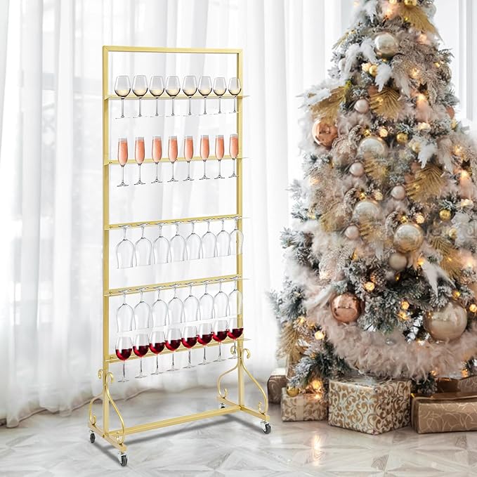 40 Slots Champagne Holder Stand for Party, Wine Glass Display Wall Holder, Stable Wine Glass Stemware Rack for Bar, Wedding, Party (Gold)