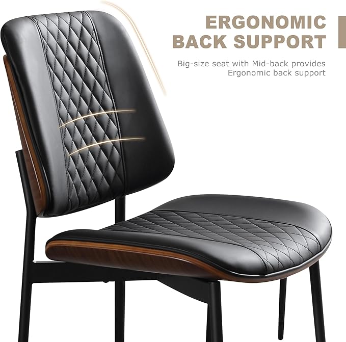BV Dining Chairs Set of 4, PU Leather Armless Kitchen Chair in Modern Walnut Style, Mid Century Bentwood Side Chair with Metal Legs, Retro Accent Guest Chair for Kitchen Dining Room(Black)