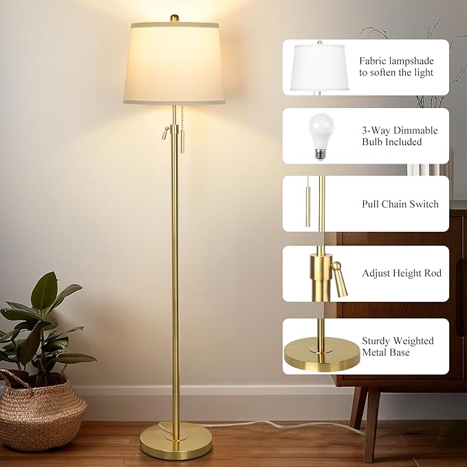 Gold Floor Lamp for Living Room, Tall Standing Lamp 55-65" Adjustable Modern Brass Floor Lamps for Bedroom Reading Office Kids 3 Color Lights Corner Night Stand (9W LED Bulb, White Shade)