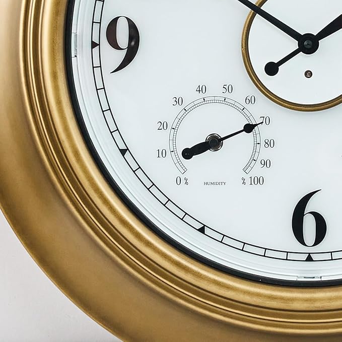 ANDY STAR 21 Inch Outdoor Clocks Waterproof, Large Outdoor Wall Clocks for Patio with Thermometer, Weatherproof Illuminated Clock Battery Operated with Thermometer&Hygrometer, Gold Metal Finish