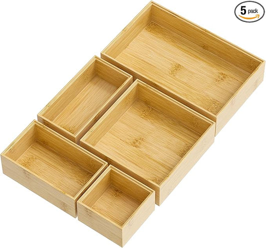 Bamboo Drawer Organizer Set, 5 PCS Multi-use Varied Sizes Junk Drawer Organizer Kitchen Storage Box for Office, Home, Bedroom, Bathroom, Bamboo