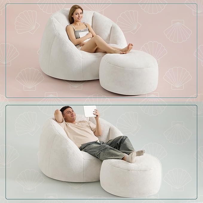 Giant Bean Bag Chaise Lounge Indoor Chair for Adults - Comfy Plush Round Shell Soft Accent Chair, Oversized Cozy Floor Sofa for Living Room, Bedroom & Game Rooms, Beige