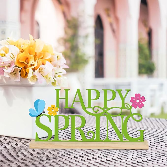 COCHIE Metal Happy Spring Sign, Spring Decorations for Home, Office, Shelf, Mantel, Indoor, Spring Flower Decor, Spring Butterfly Table Top Party Decoration (Spring)