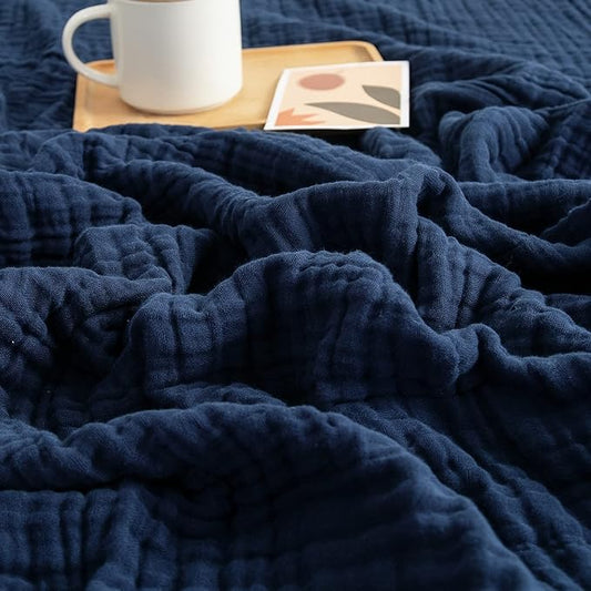EMME Cotton Throw Blanket for Couch Soft Muslin Blankets 50"x60" Lightweight Breathable Blanket All Season Gauze, Navy